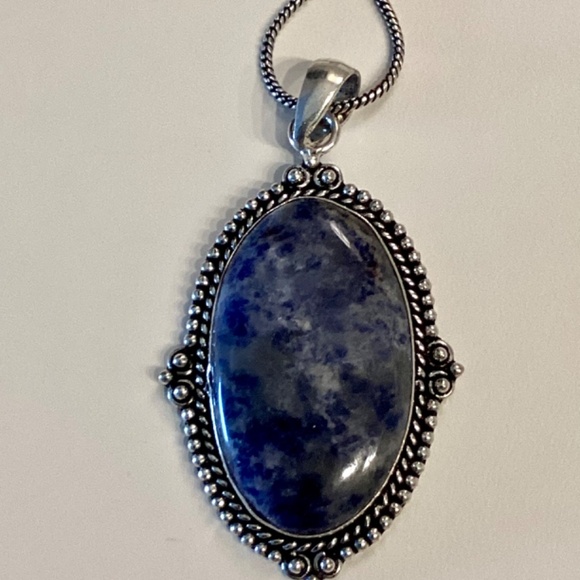 Sodalite Cabochon Pendant Necklace Silvertone 17” - Picture 2 of 9
